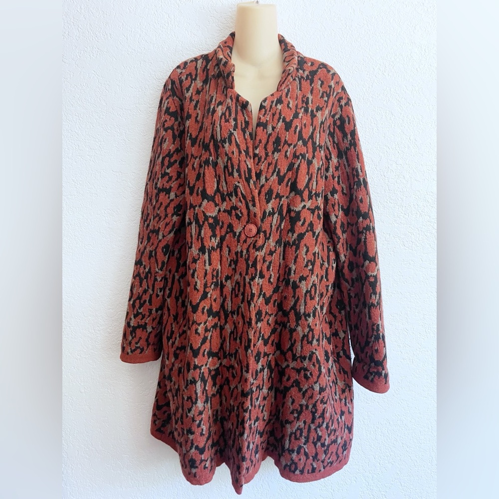A IDA Animal Leopard Print Wool Blend Rust Black Brown Button Cardigan XL